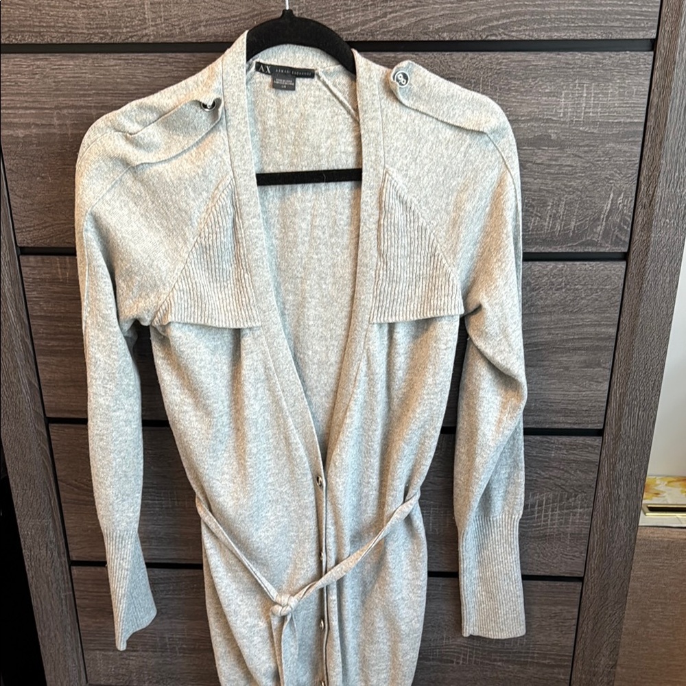 Gray Button-Up Cardigan with Belt